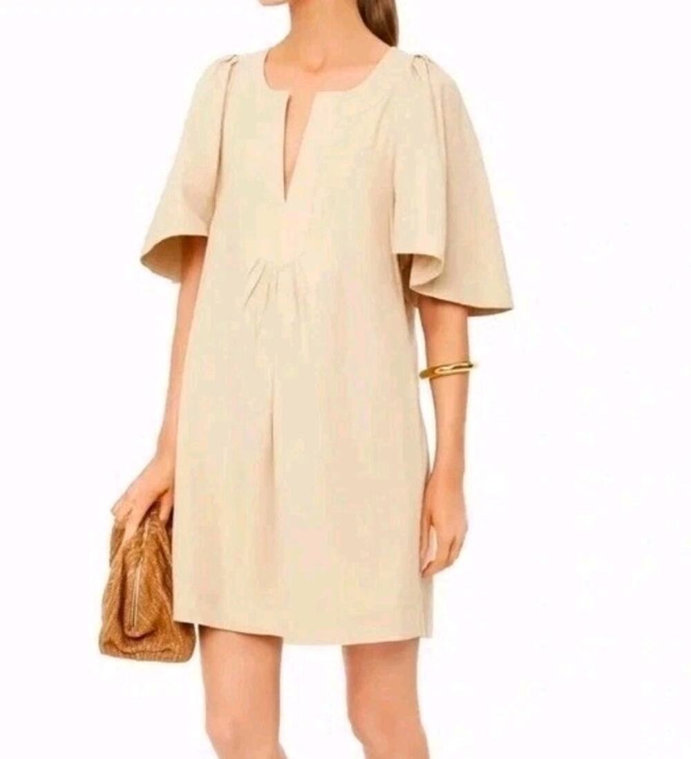 Pomander Place Dress XXXL Beige Cotton Flowy Flutter Sleeve V-Neck Tunic Y19649T